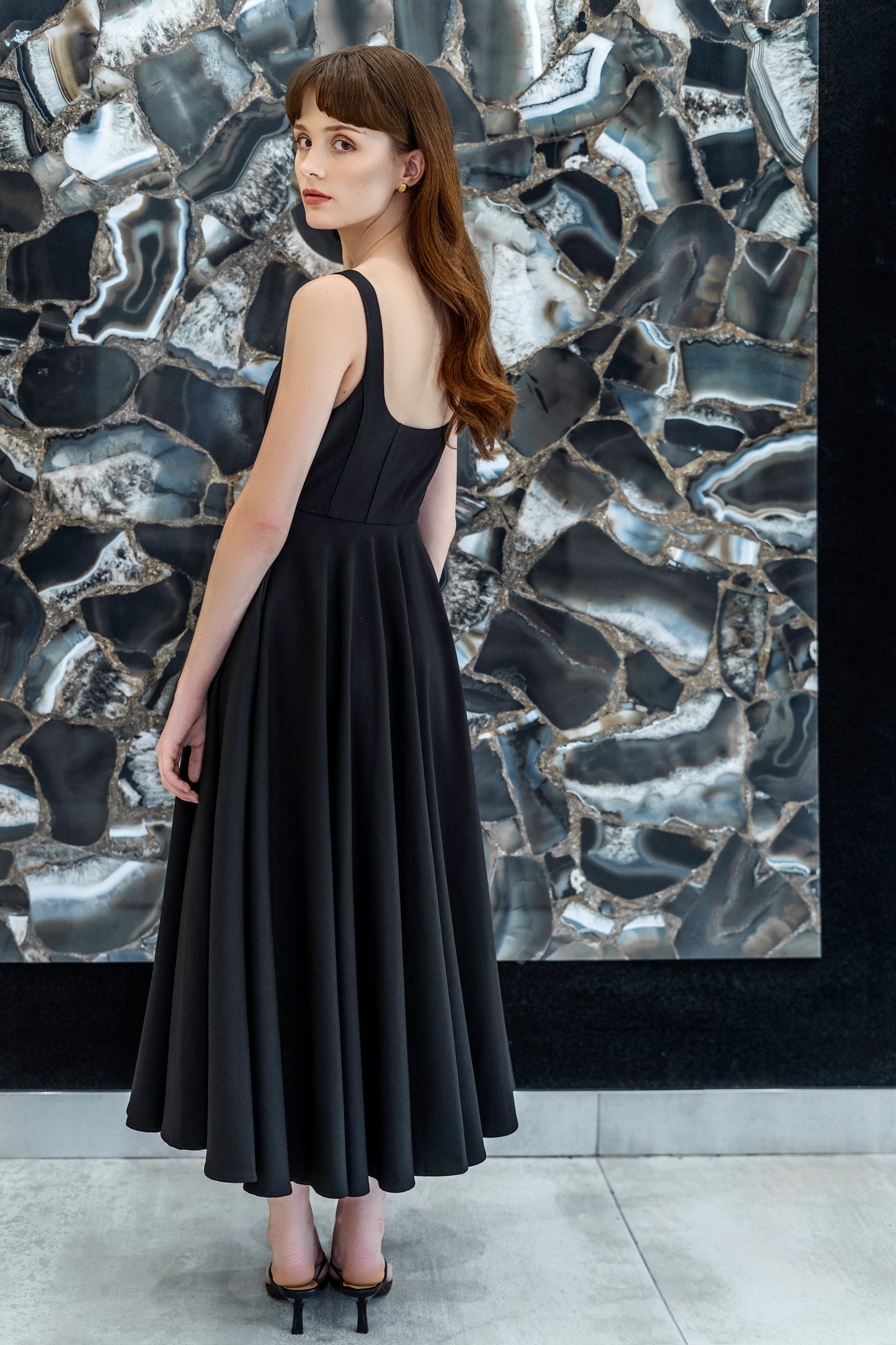 Petite Black Square Neck Midi Dress